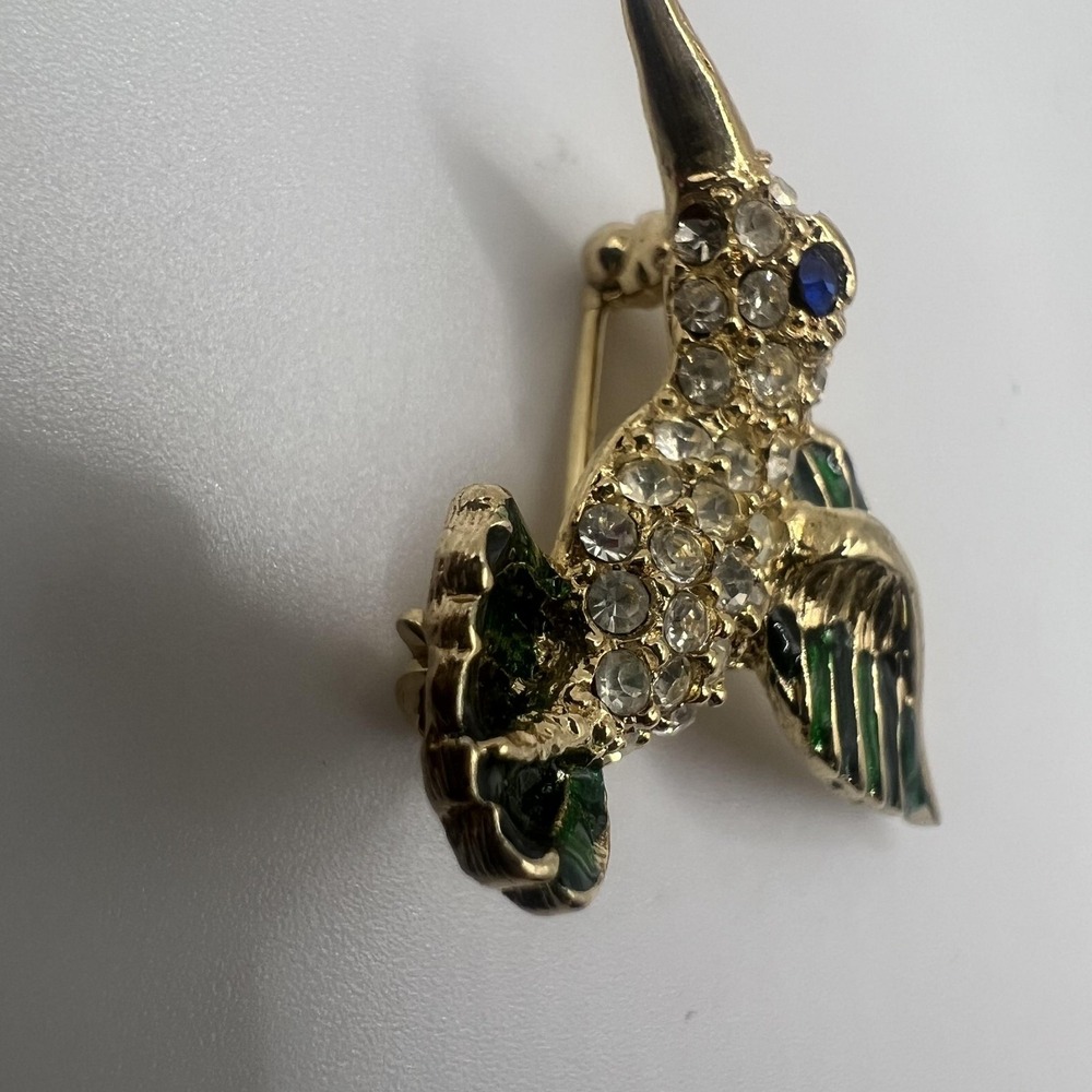 Hummingbird Brooch Pin Gold Tone Rhinestone Green Enamel Bird Costume Jewelry 2" - Picture 2 of 5